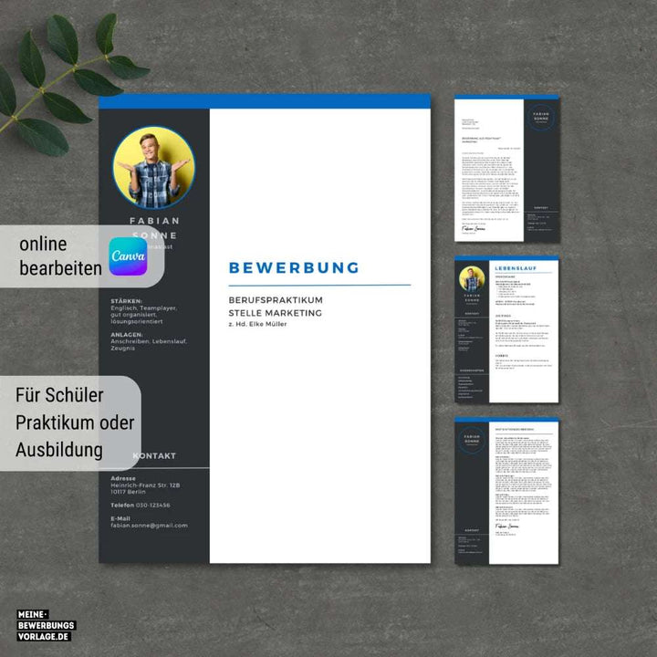 Bewerbung Schüler Vorlage für Ausbildung - Deckblatt blau
