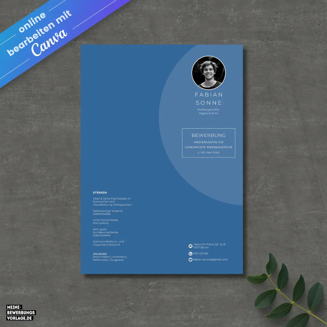 Bewerbungsvorlage Canva No.7 Blau – Lebenslauf, Anschreiben & Motivationsschreiben