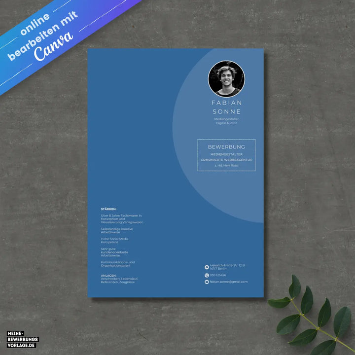 Bewerbungsvorlage Canva No.7 Blau – Lebenslauf, Anschreiben & Motivationsschreiben