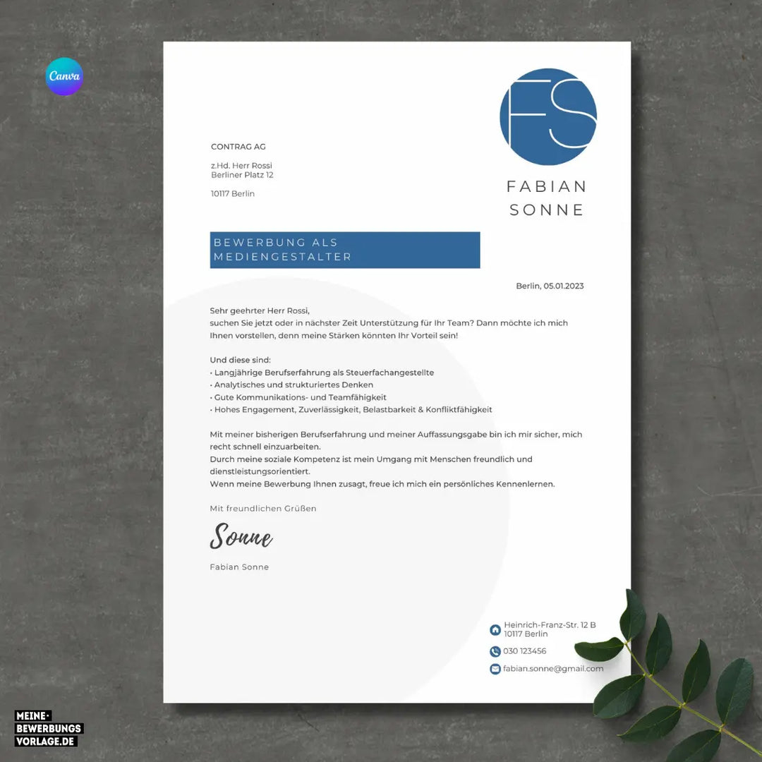 Bewerbungsvorlage Canva No.7 Blau – Lebenslauf, Anschreiben & Motivationsschreiben