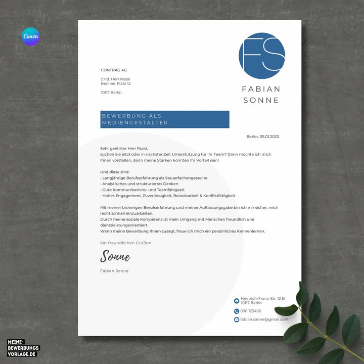 Bewerbungsvorlage Canva No.7 Blau – Lebenslauf, Anschreiben & Motivationsschreiben