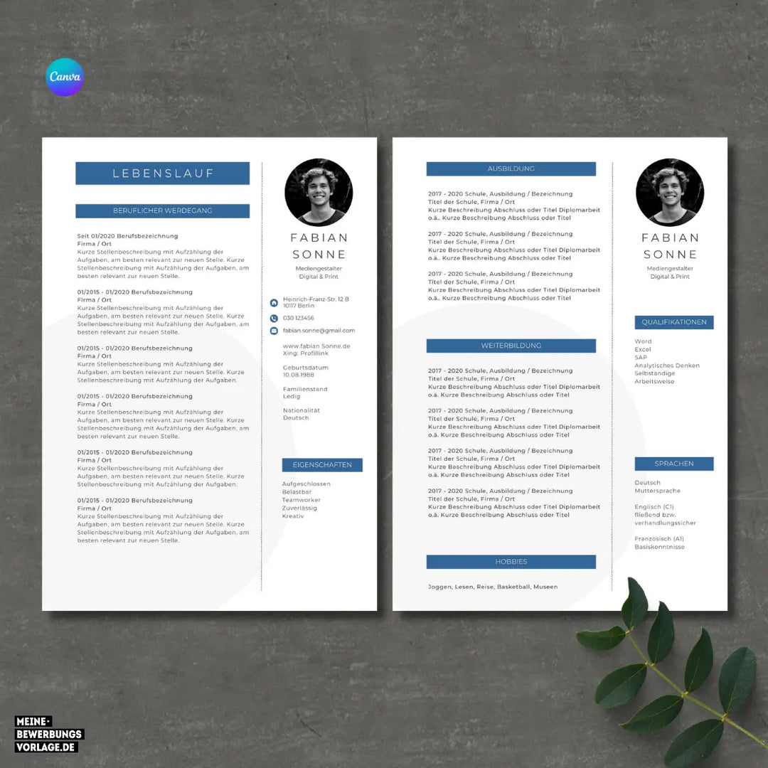Bewerbungsvorlage Canva No.7 Blau – Lebenslauf, Anschreiben & Motivationsschreiben