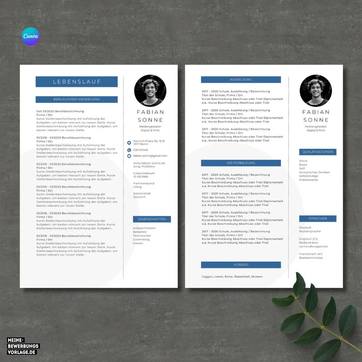 Bewerbungsvorlage Canva No.7 Blau – Lebenslauf, Anschreiben & Motivationsschreiben