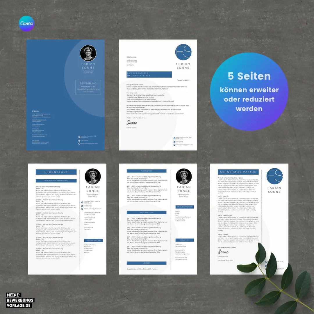 Bewerbungsvorlage Canva No.7 Blau – Lebenslauf, Anschreiben & Motivationsschreiben