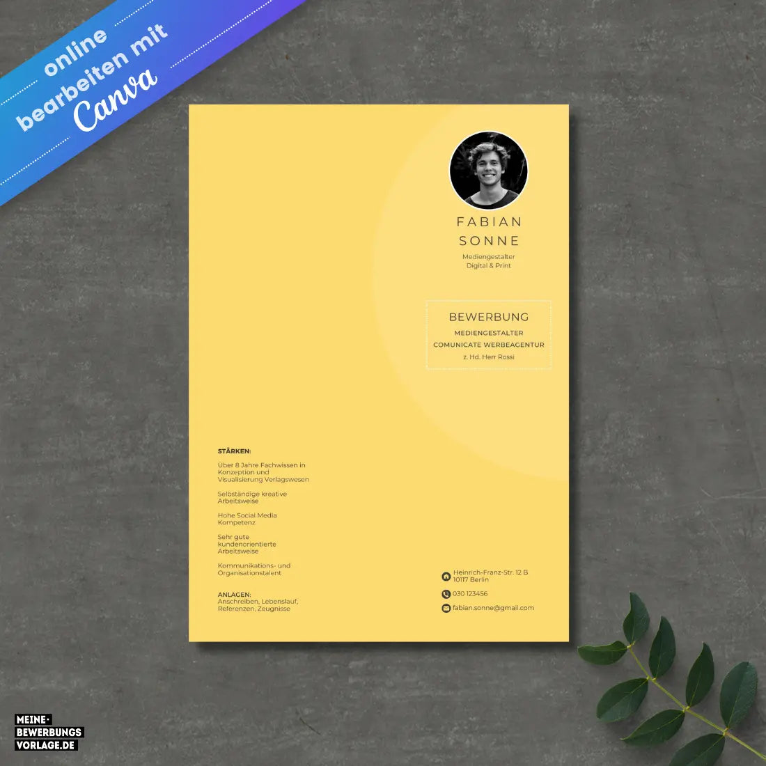 Bewerbungsvorlage Canva No.7 Gelb – Lebenslauf, Anschreiben & Motivationsschreiben