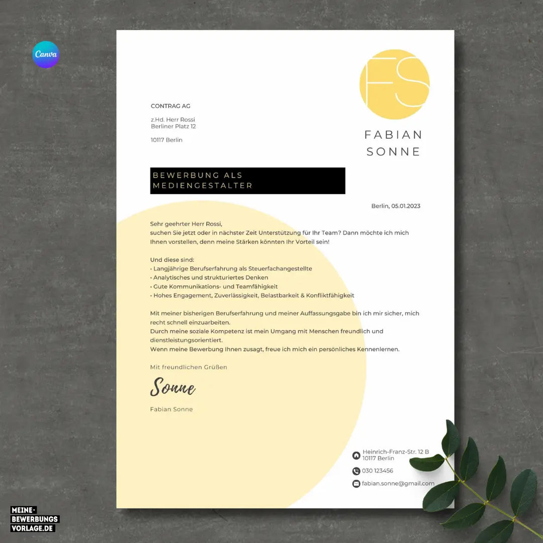 Bewerbungsvorlage Canva No.7 Gelb – Lebenslauf, Anschreiben & Motivationsschreiben