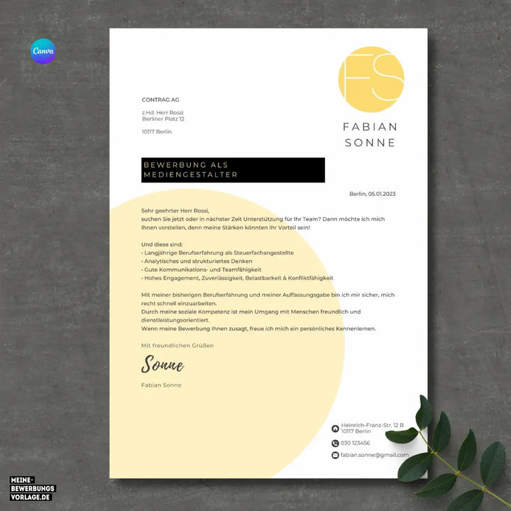 Bewerbungsvorlage Canva No.7 Gelb – Lebenslauf, Anschreiben & Motivationsschreiben