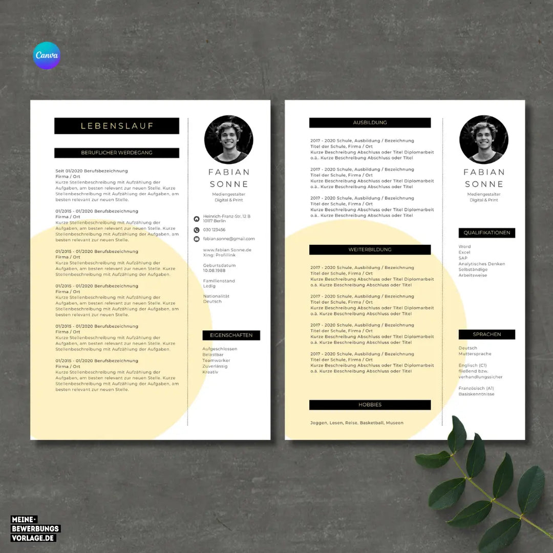 Bewerbungsvorlage Canva No.7 Gelb – Lebenslauf, Anschreiben & Motivationsschreiben