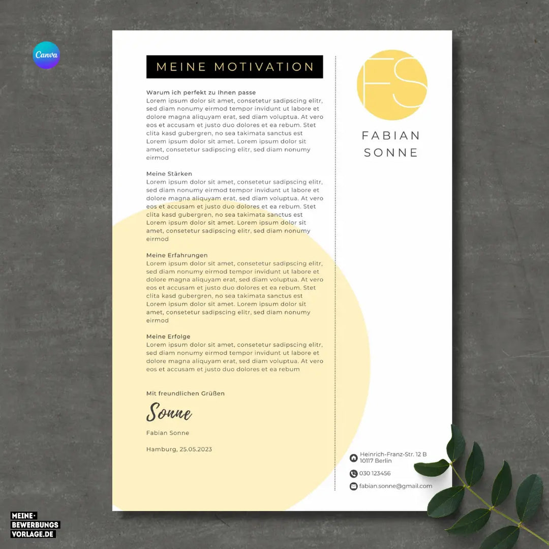 Bewerbungsvorlage Canva No.7 Gelb – Lebenslauf, Anschreiben & Motivationsschreiben