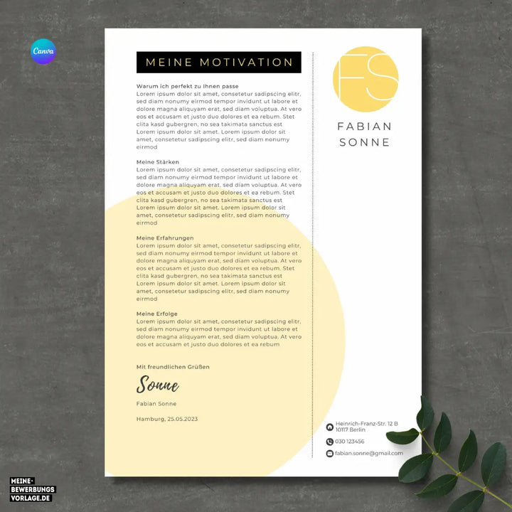 Bewerbungsvorlage Canva No.7 Gelb – Lebenslauf, Anschreiben & Motivationsschreiben