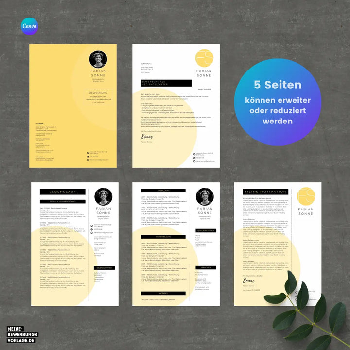 Bewerbungsvorlage Canva No.7 Gelb – Lebenslauf, Anschreiben & Motivationsschreiben
