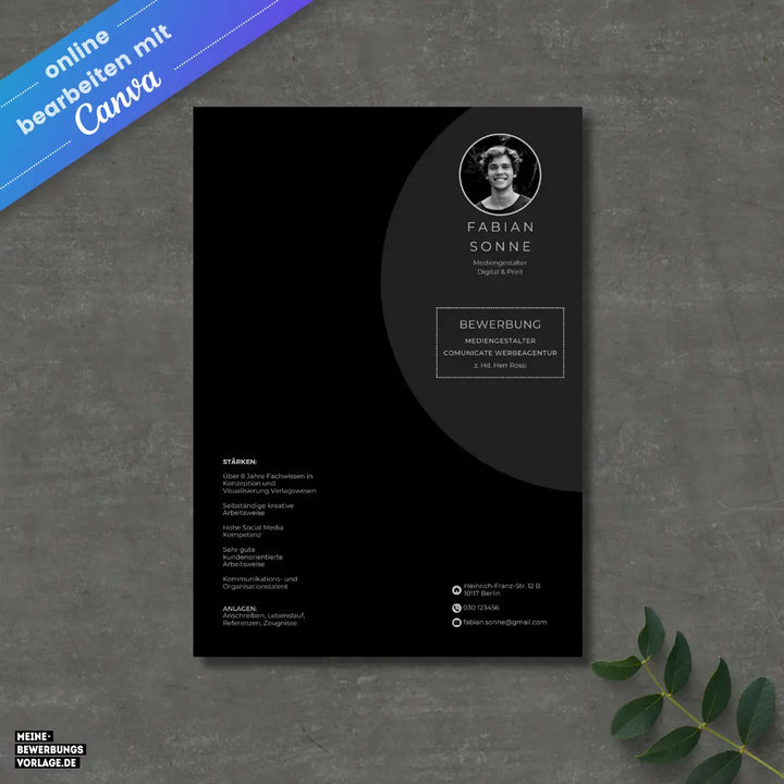 Bewerbungsvorlage Canva No.7 Schwarz – Lebenslauf, Anschreiben & Motivationsschreiben