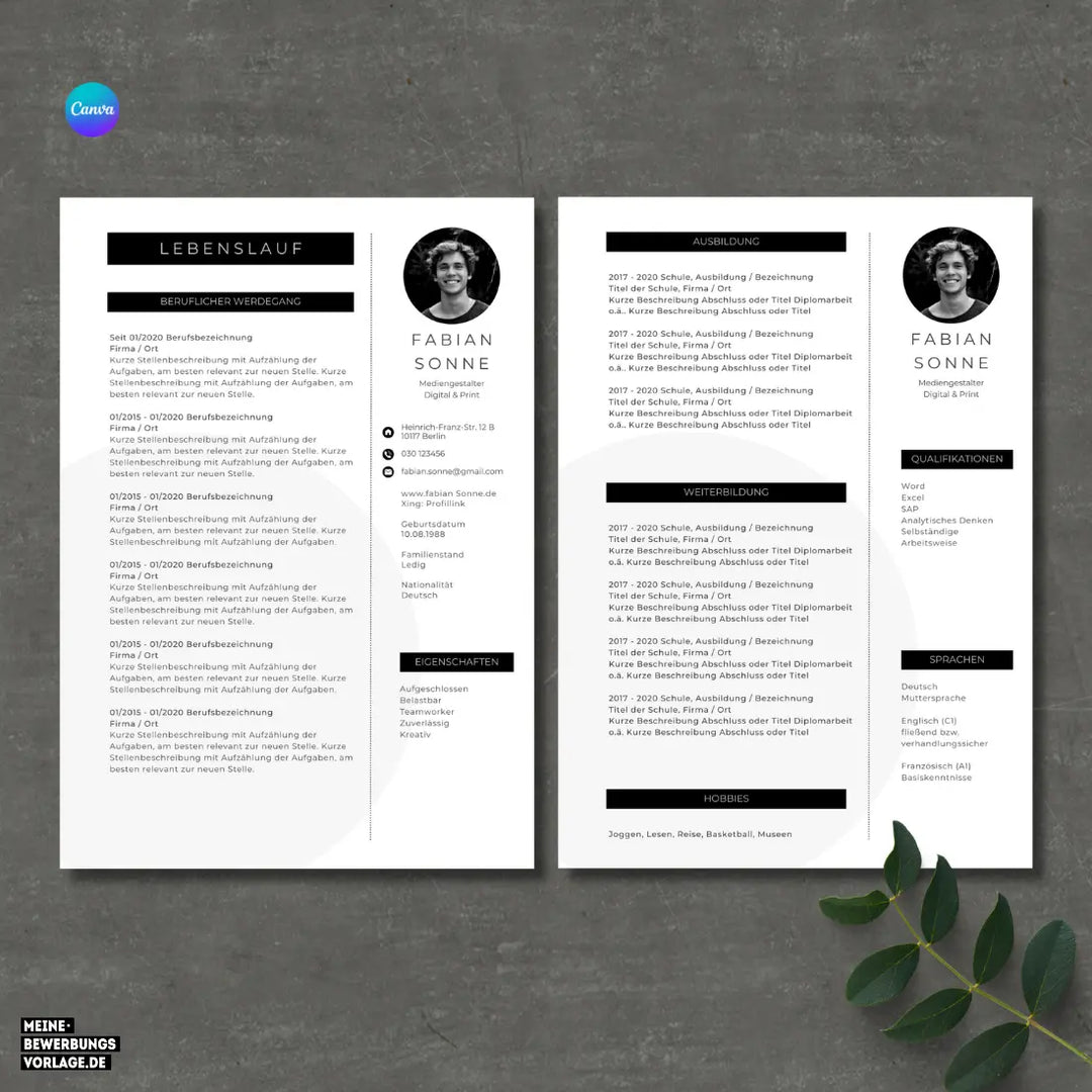 Bewerbungsvorlage Canva No.7 Schwarz – Lebenslauf, Anschreiben & Motivationsschreiben