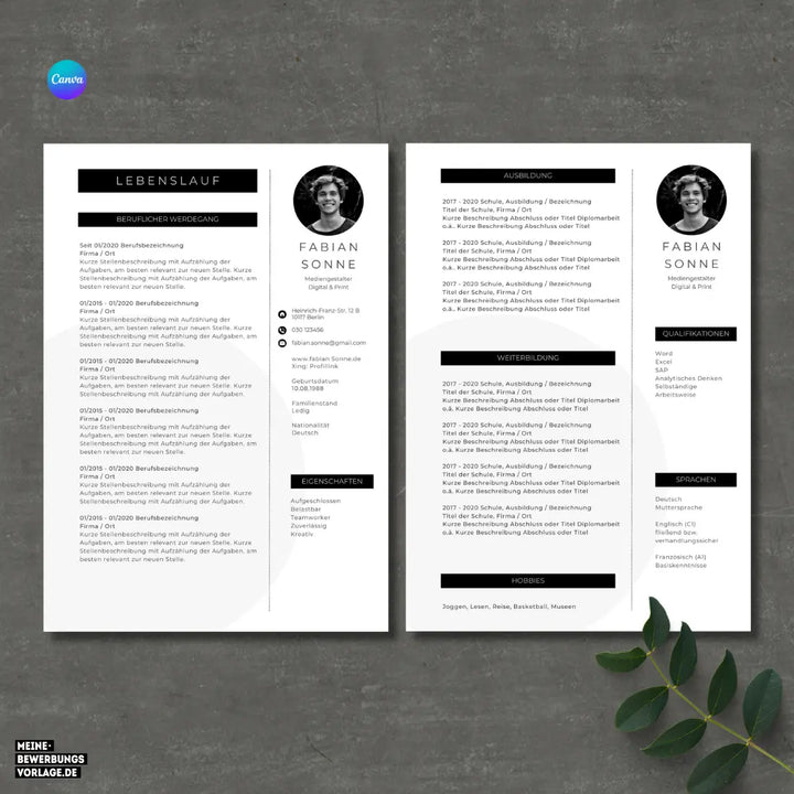 Bewerbungsvorlage Canva No.7 Schwarz – Lebenslauf, Anschreiben & Motivationsschreiben