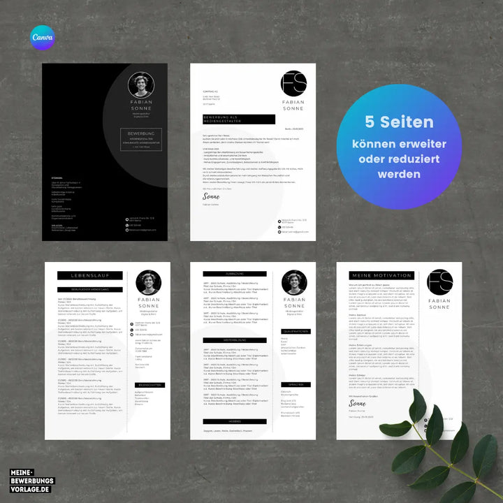 Bewerbungsvorlage Canva No.7 Schwarz – Lebenslauf, Anschreiben & Motivationsschreiben