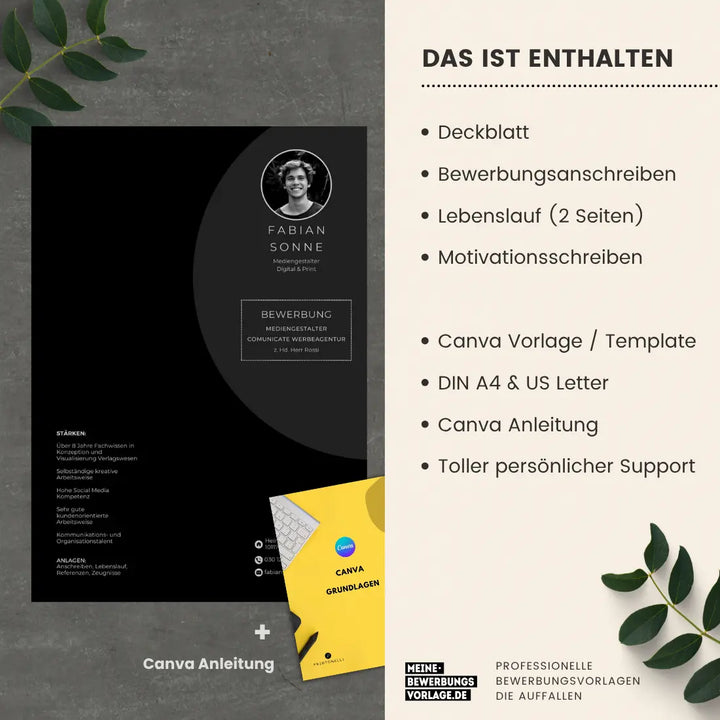 Bewerbungsvorlage Canva No.7 Schwarz – Lebenslauf, Anschreiben & Motivationsschreiben