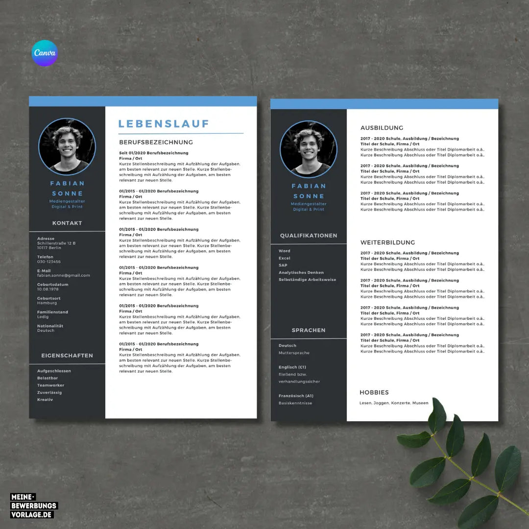 Bewerbungsvorlage Canva No.3 – Lebenslauf, Anschreiben & Motivationsschreiben