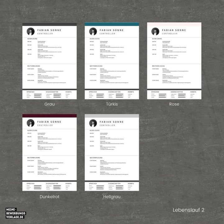 Lebenslauf Vorlage / Bewerbung Vorlage / Bewerbungsvorlage No.12 Meine-Bewerbungsvorlage - Übersicht Lebenslauf alle Farben - Meine-Bewerbungsvorlage