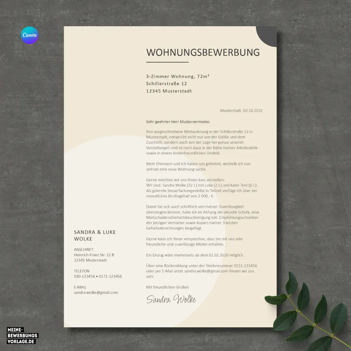Bewerbung Wohnung Canva Nr. 3 – Professionelle Wohnungsbewerbung Vorlage (online in Canva)