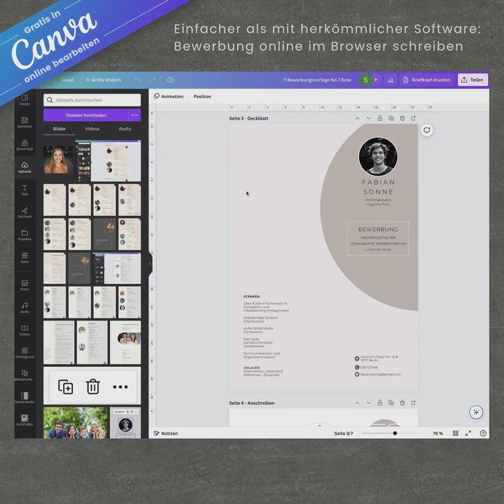 Bewerbungsvorlage Canva No.7 Blau – Lebenslauf, Anschreiben & Motivationsschreiben