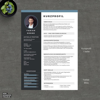 Kurzprofil Lebenslauf - No.3 Kurzbewerbung / Kurzprofil - Meine-Bewerbungsvorlage - Farbe Blau - 1 Seite CV