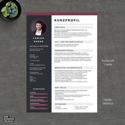 Kurzprofil Lebenslauf - No.3 Kurzbewerbung / Kurzprofil - Meine-Bewerbungsvorlage - Farbe Weinrot - 1 Seite CV