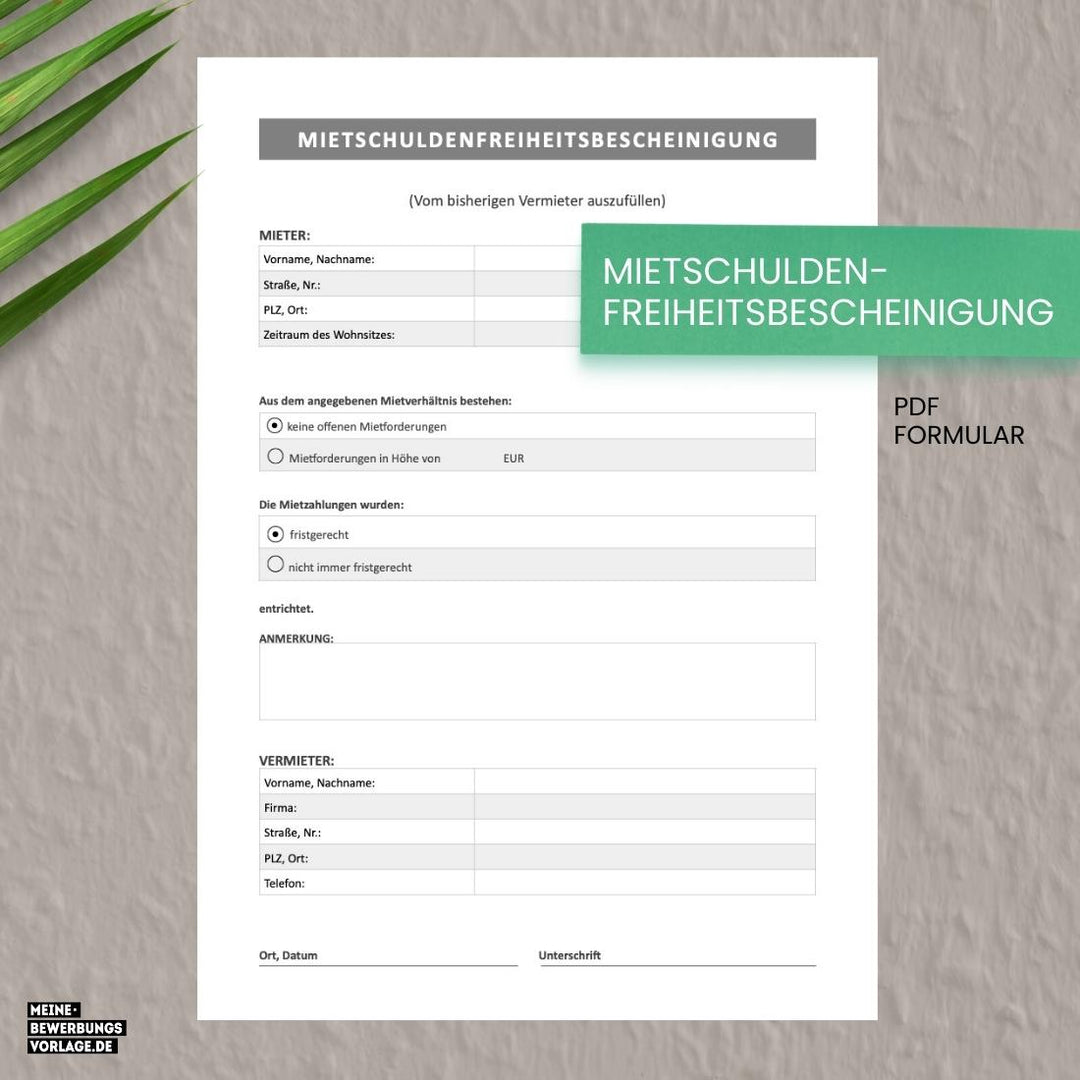 Mietwohnung Mietschuldenfreiheitsbescheinigung PDF Formular